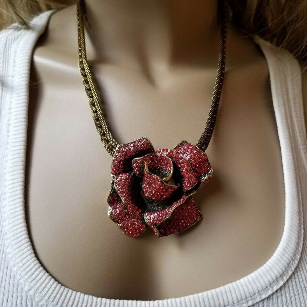 large red rhinestone pave rose flower necklace - Picture 5 of 8
